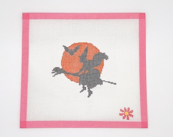Retro Witch & Moon Design Halloween Needlepoint Canvas, Handpainted , Stitch Painted