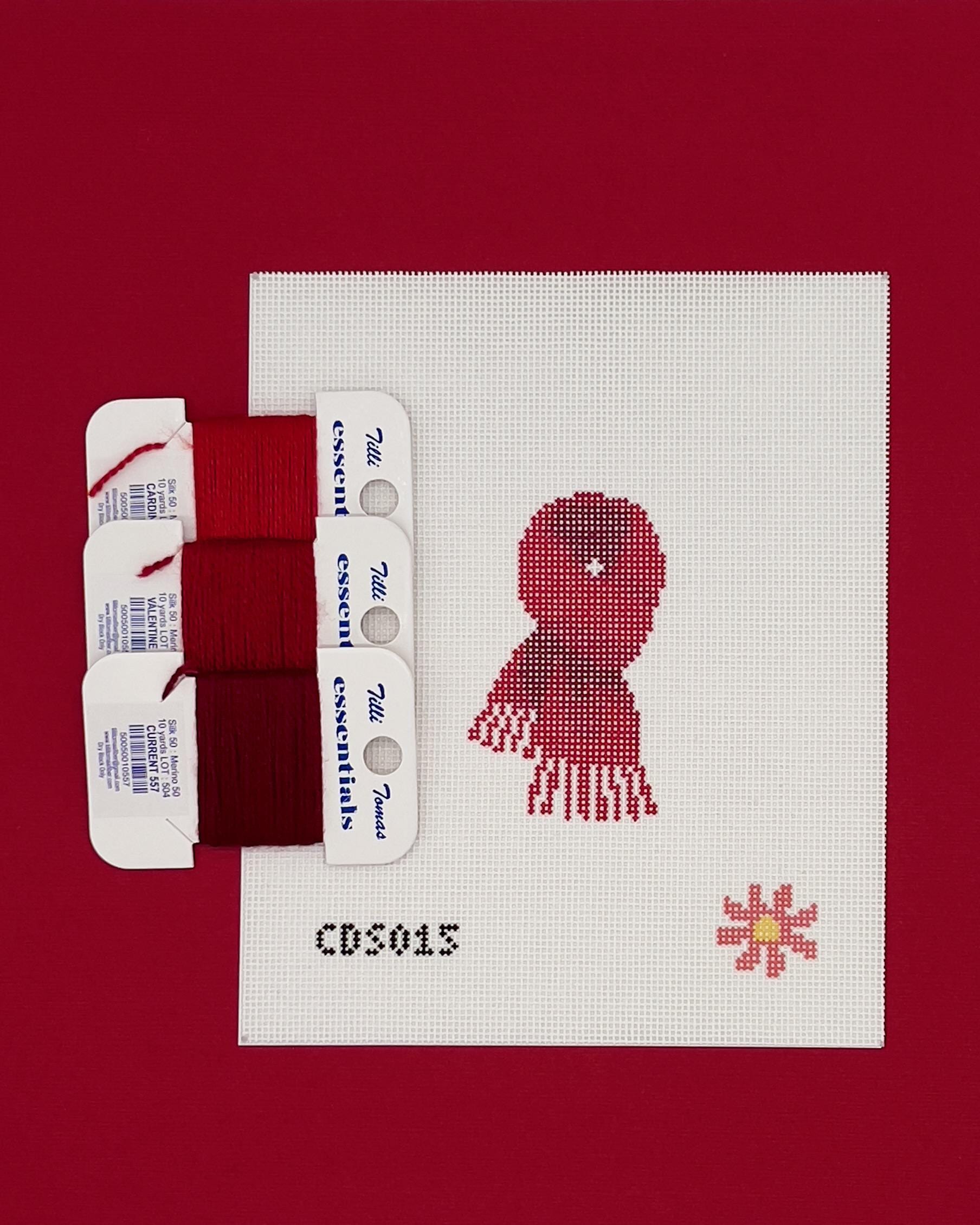 Red Scarf Mini Needlepoint Canvas, Winter Ornament Design for Small Christmas Project