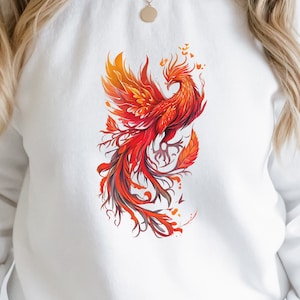Feuer Phoenix in Orange Flames: Mutiges Design auf einem bequemen Crewneck Sweatshirt