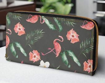 Cartera con cremallera con estampado de flamencos, hibiscos y hojas tropicales
