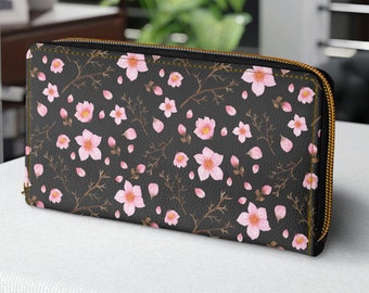 Cherry Blossom Zipper Wallet - Sakura Flower Springtime Design, Elegant Floral Coin Purse & Card Holder
