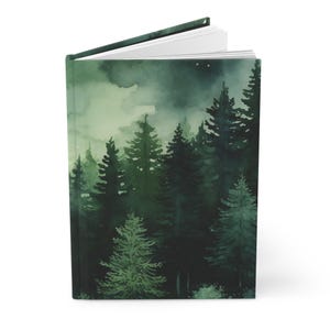 May include: A watercolour painting depicting a forest scene with tall, dark green trees. The trees are painted in a realistic style, with details such as branches and leaves. The background is a soft, light green, suggesting a misty or foggy atmosphere.