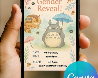 May include: A smartphone displays a gender reveal invitation with cartoon characters and the text "Join us for a Gender Reveal!" The invitation includes the date, time, and location. A Canva logo is visible.