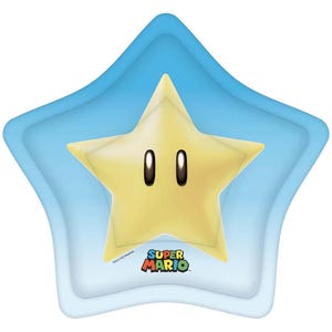 May include: A blue star-shaped inflatable pool float with a yellow star character in the center. The character has two black eyes and the text "SUPER MARIO" is printed below it.