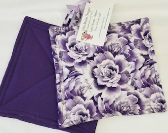 Handmade Purple Floral Quilted Potholders: Cotton Trivet, Set of 2