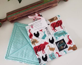 Farmhouse Quilted Pot Holders: Handmade Cotton Hot Pads (Pair)