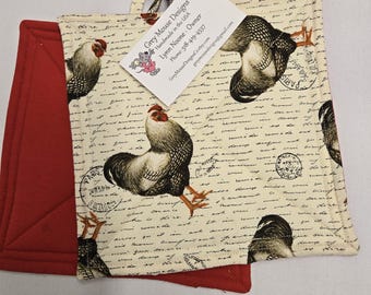 Quilted Chicken Pot Holders: Handmade Cotton Hot Pads (Pair)