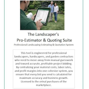 Op de afbeelding: Een persoon gebruikt een tablet met de tekst "The Landscaper's Pro-Estimator & Quoting Suite". De afbeelding bevat ook de tekst "Professional Landscaping Estimating & Quotation System". De tool is voor landschapsarchitecten en aannemers.