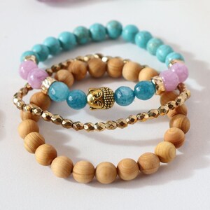 Gemstone Bracelet Stack, Agate and Quartz Gemstone Bracelet, Buddha Bracelet Stack, 3 Piece Bracelet Set, Natural Stone Bracelet Stack, Boho