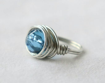 Gewickelter Draht gewickelt Schmuck, aussagering, Größe 7, Ringgröße 7, Ring, blauer Ring, handgemacht, Schmuck, Silberschmuck, Wire-Wrap-Ring