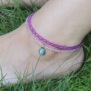Purple and Turquoise Multi Strand Ankle Bracelet, Turquoise Charm Anklet, Body Jewelry, Anklet, Ankle Stack Bracelet, Boho Anklet, Anklets