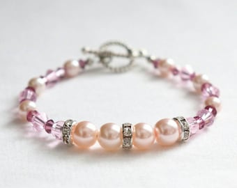 Roze parel kralen armband kristal armband, parel armband, een van een soort, dagelijks sieraden, kralen armbanden, kralen sieraden, cadeau-ideeën