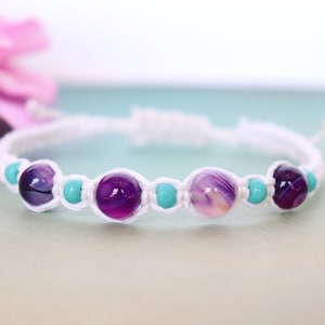 Purple Agate Gemstone Bracelet with White Hemp, Hemp Woven Gemstone Bracelet, Agate Gemstone Bracelet, Boho Jewelry, Women&#39;s Bracelet, Hippy