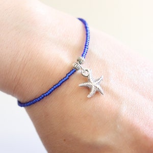 Sapphire Blue Adjustable Bracelet, Sapphire Jewelry, Starfish Charm Bracelet, Dainty Bracelet, Beaded Bracelet, Starfish Charm, Bracelets