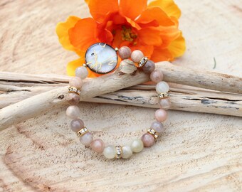 Sunstone y shell preciosa pulsera, pulsera de piedra solar, pulseras para las mujeres, pulsera de piedra preciosa, joyería de la piedra de sol, pulsera de cristal de curación