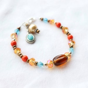 Beaded Charm Bracelet, Turquoise Jewelry, Women&#39;s Beaded Bracelet, Bracelets for Women, Gold Bracelet, Multicolored Bracelet, Charm Bracelet