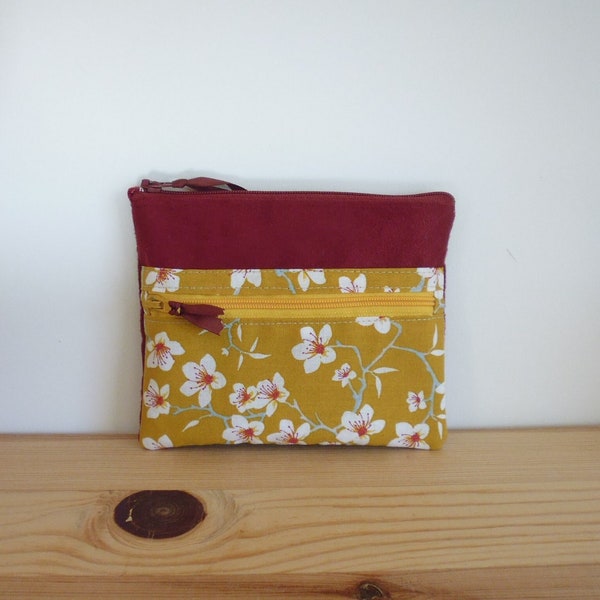 Porte Monnaie Double Zip en Suédine et Tissu Fleurs de Cerisier