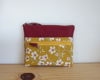 Double Zip Coin Purse in Suede and Cherry Blossom Fabric