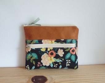 Double Zip Coin Purse in Suede and Floral Fabric