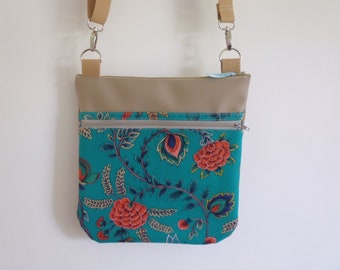 Sac Pochette en Simili Cuir et Toile Fleurs Fond Turquoise