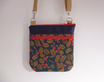 Clutch Bag in Faux Leather and Canvas Flowers and Coffee Beans with Adjustable Shoulder Strap