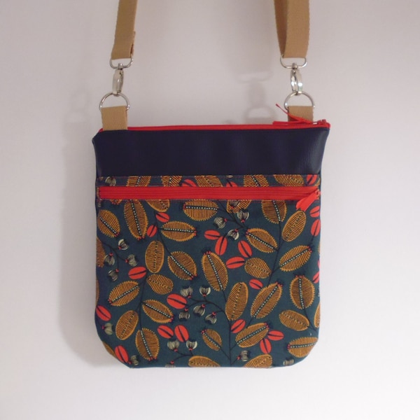 Sac Pochette en Simili Cuir et Toile Fleurs et Grains de Café à Bandoulière réglable