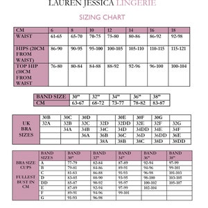 May include: A sizing chart for lingerie with measurements in inches and centimeters. The chart includes band sizes, cup sizes, UK bra sizes, and bra band size conversions for different countries.