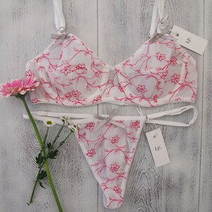 Mia Underwired Bra and Thong Set Womens Lingerie | Womens Underwear | Handmade Lingerie | Floral Thong | Floral Bra | Ready to Ship image 1