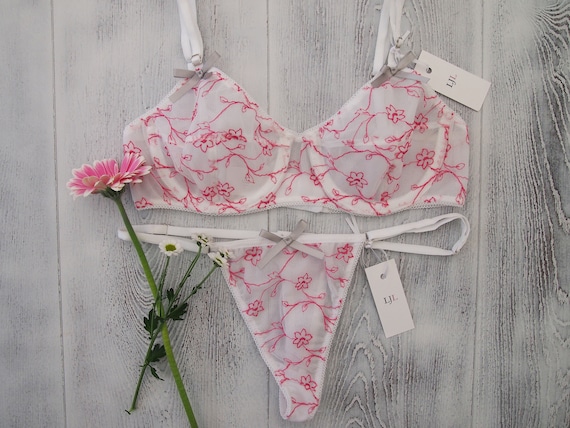 Mia Underwired Bra and Thong Set Womens Lingerie | Womens Underwear | Handmade Lingerie | Floral Thong | Floral Bra | Ready to Ship