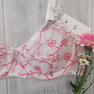 May include: White lace bra with pink floral embroidery and a gray bow. The bra has a tag that says "LJL".