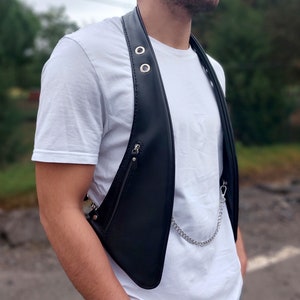 Black Leather Vest Bag Leather Motorcycle Vest Leather Shoulder Bag Zipper Holster Leather Festival Travel Bag Hip Bag Mens