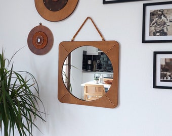 Handmade Leather Square Wall Mirror, Leather Mirror Wall Decor , Boho Mirror, Unique Wall Decoration, Boho Decoration