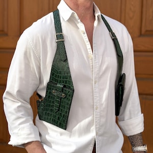 Sac étui en cuir à imprimé crocodile Sac à bandoulière en cuir vert Sac de festival en cuir Burning man Holster en cuir Sac harnais pour homme