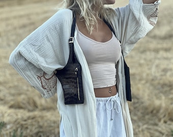 Brown Leather Croc Embossed Woman Holster Bag Handmade Leather Shoulder Bag Leather Festival Bag Burning man Holster Leather Woman Harness