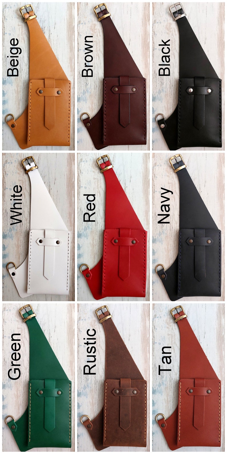 May include: Nine leather phone holsters in different colors: beige, brown, black, white, red, navy, green, rustic, and tan. Each holster has a strap and a pocket with a flap.
