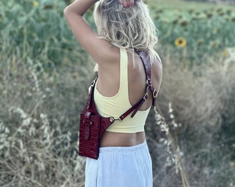 Croc Embossed Leather Woman Holster Bag Handmade Leather Shoulder Bag Leather Festival Bag Burning man Holster Leather Woman Harness Bag