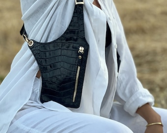 Black Croc Leather Woman Holster Bag Handmade Leather Shoulder Bag Leather Festival Bag Holster Leather Woman Harness Bag gift for her