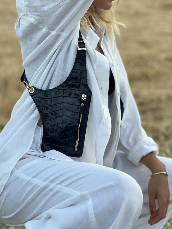 Black Croc Leather Woman Holster Bag Handmade Leather Shoulder Bag Leather Festival Bag Holster Leather Woman Harness Bag gift for her