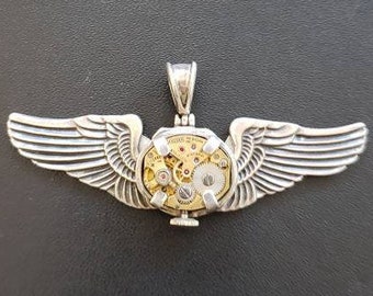 Handcrafted Sterling Silver "Time Flies" Bootleg Jewelry Brand Steampunk Gold Mechanical Watch Wings Pendant