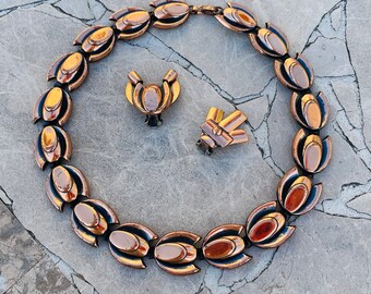 Copper blue bracelet set black enamel necklace