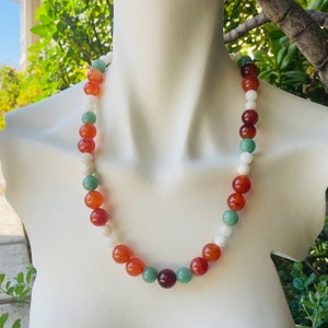 Vintage Artisan Multi Color Carnelian Tiger Eye Gem Stone Bead Necklace