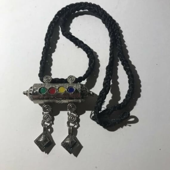 Rainbow Colored Sequence Silvertone Cylinder Neck… - image 1