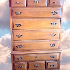 Antique Wood Dresser Spice Brown 52 L Highboy Tall Chest of 11 Drawers