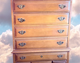 Antique Wood Dresser Spice Brown 52 L Highboy Tall Chest of 11 Drawers