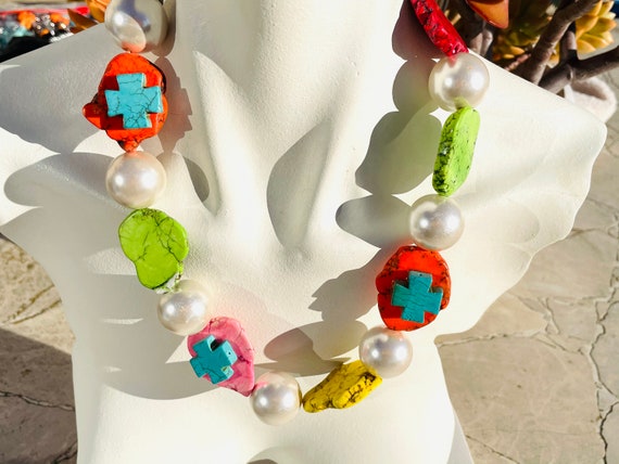 Chunky Faux Pearl Multi Color Stone Religious Cro… - image 2