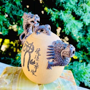 Chinese Signed 3D Playful Dragons Ceramic Clay Tea Pot Dragon Handle Lid Teapot