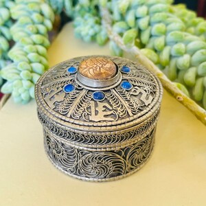 Vintage Artisan Filigree Ornate Metal Lapis Lazuli Carved Stone Trinket Box