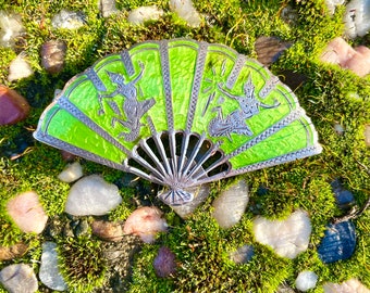 Vintage Siam Sterling Silver Green Enamel Fan Style Oriental Dancers Brooch Pin