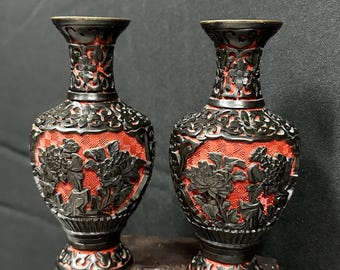 ヴィンテージ 中国製 黒と赤の辰砂の花瓶セット ブルーエナメル