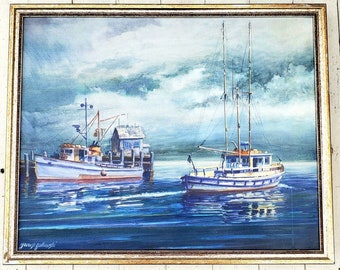 Rare Original Oil Painting signed By Polish Artist Yanush Stanislaw Godlewski Boats Ocean Coastal Scene